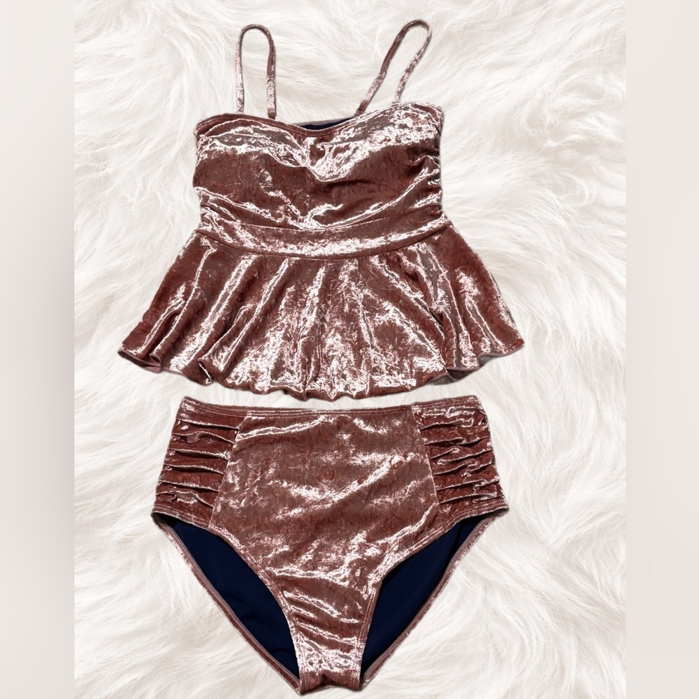 RAD Swim Velvet High Waisted Bikini Set Peplum Top Pinup Shiny Retro Glam M